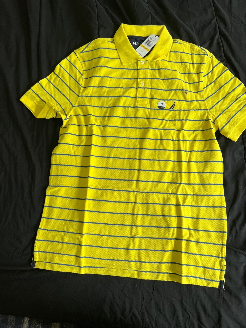 Nautica Men’s Yellow Polo with Thin Navy Stripes